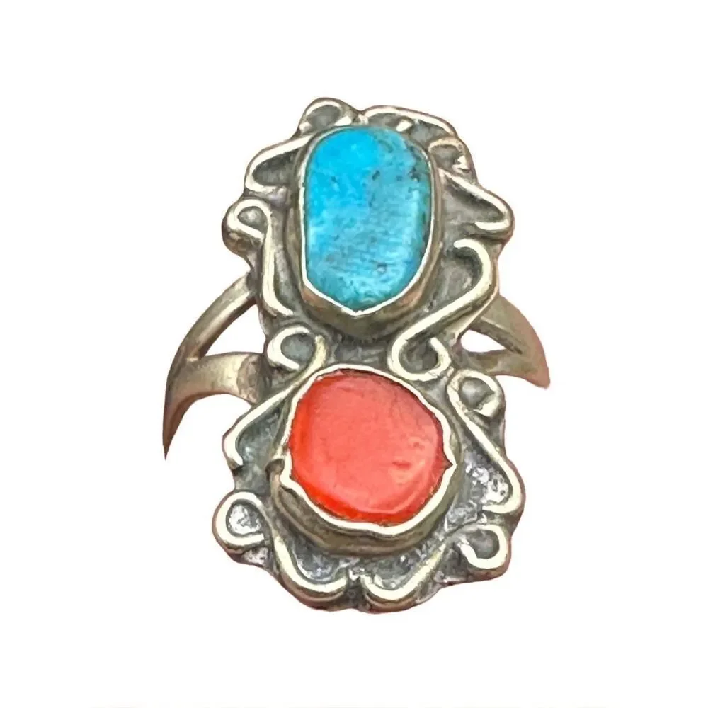 Navajo Sterling silver turquoise coral ring vintage size 7 3/4